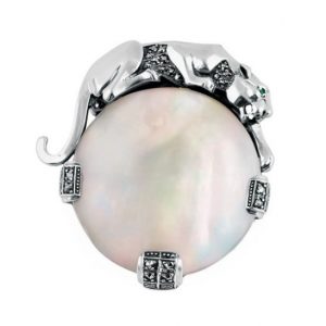 Sterling-Silver-Mother-of-Pearl-Marcasite-&-Emerald-Eye-Panther-Leopard-Brooch-BRS00092