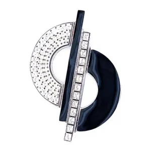 Sterling Silver Art Deco Brooch with two central off-set bars, one with square crystals and the other with black enamel with a half-circle on each side, one with white crystals and the other with black enamel, so you have a white crystal half-circle onto a black line then a white line and then a black circle. Top view.
