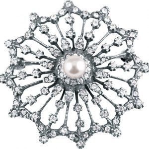 A real sterling silver starburst brooch with a single cultured pearl centre radiating a starburst of white sparkling crystals and an outer scalloped edge, BRS00098.measures 38mm x 38mm.