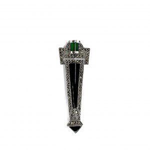 Art Deco style genuine 925 sterling silver Brooch pin set with Black Onyx, Green Agate and Marcasite BRS00106. Front view on white background.