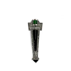 Art Deco style genuine 925 sterling silver Brooch pin set with Black Onyx, Green Agate and Marcasite BRS00106. Front view on white background.