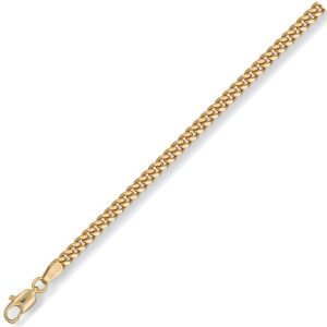 Linkenheim 9ct solid gold curb link chain, a 3.6mm wide piece laid flat on a white background to show diamond-cut detail and fine craftsmanship, showing the clasp