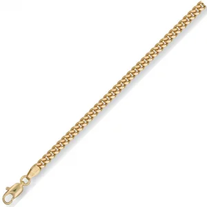 Linkenheim 9ct solid gold curb link chain, a 3.6mm wide piece laid flat on a white background to show diamond-cut detail and fine craftsmanship, showing the clasp