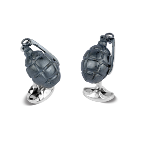 Sterling  silver hand grenade cufflinks the front grenade part is carefully enamelled in black and they have small domed oval spring link fitting backs in polished silver.