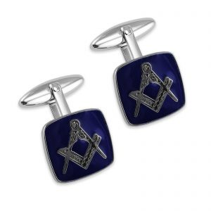 Sterling silver cushion shaped Masonic cufflinks with royal blue enamel