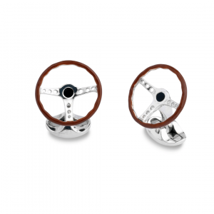 Real-Sterling-Silver-With-Brown-Vitreous-Enamel-Vintage-Steering-Wheel-Cufflinks-CK00289