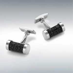 "Exquisite craftsmanship: Shagreen embossed black leather and sterling silver cylindrical cufflinks, a sophisticated accessory for the modern gentleman."