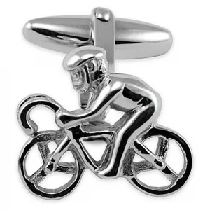 A striking pair of sterling silver cufflinks a carved racing cyclist on a bike with a helmet.
