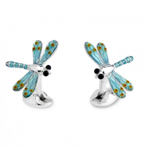Back and front display “Sterling silver dragonfly cufflinks shown from both front and back—featuring blue enamel detail, classic swivel backs, and hallmark.”
