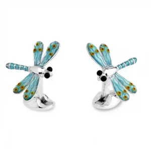 Back and front display “Sterling silver dragonfly cufflinks shown from both front and back—featuring blue enamel detail, classic swivel backs, and hallmark.”