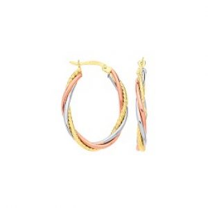 Oval three-colour gold hallmarked loop/hoop earrings with three twisted rose white & yellow gold tubes dimensions 30mm x 21.3mm.