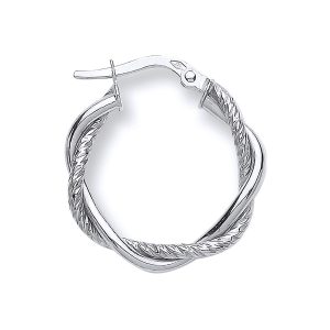 9ct White gold two-strand twisted hoop earrings, one strand plain polished, the other matt finish 20.5mm diameter.