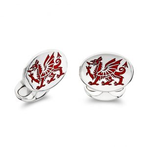 Sterling-silver-Welsh-dragon-cufflinks-oval-polished-flat-Silver-with-inlaid-red-vitrious-enamelled-dragon-and-Sprug-oval-polished-Backs