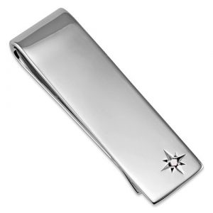 Real Sterling-Silver Diamond Money Clip a rectangular plain polished finish with a petite round sparkling to the right-hand bottom corner in a starburst setting
