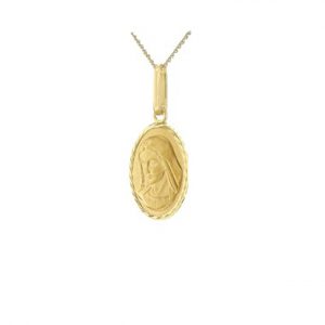 9ct gold oval Mary Necklace/Pendant with a matt finish front with a sparkling diamond cut edge, & the back is highly polished and comes with a choice of chain lengths.