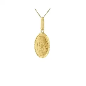 9ct gold oval Mary Necklace/Pendant with a matt finish front with a sparkling diamond cut edge, & the back is highly polished and comes with a choice of chain lengths.