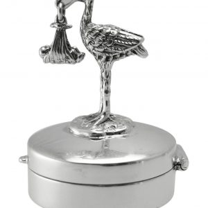Sterling Silver round hinged trinket box with a stork and a baby standing on the lid
