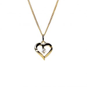 9ct yellow gold open heart pendant and chain necklace with a single 3mm cubic zirconia set to the centre with or without a 16,18, or 20inch 9ct gold curb link chain.