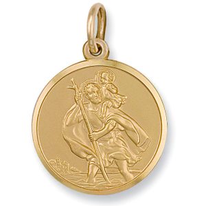 "Round 9ct yellow gold Saint Christopher pendant, weighing approximately 8.6 grams. The pendant measures 27.7mm in diameter and 1.9mm thick, with a length of 39mm, including the two jump rings."