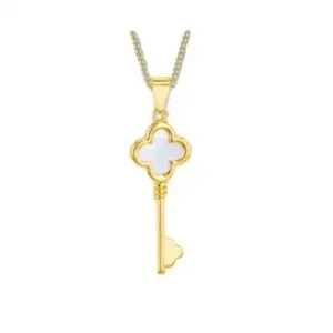 The pendant displayed flat on white backdrop, emphasizing the clean lines, clover shape, and soft glow of the mother of pearl stone.