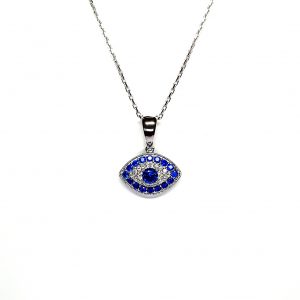An eye-shaped silver evil eye necklace/pendant made in real sterling silver with sparkling blue & white cubic zirconia with a highly polished finish with a choice of 16, 18 or 20-inch silver chain PCS00131.