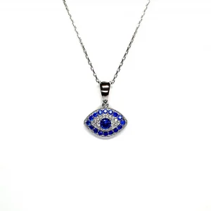 An eye-shaped silver evil eye necklace/pendant made in real sterling silver with sparkling blue & white cubic zirconia with a highly polished finish with a choice of 16, 18 or 20-inch silver chain PCS00131.