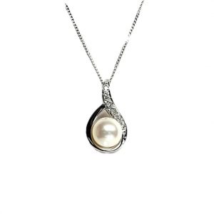 9ct white gold pearl & diamond pendant & chain necklace pc00369.