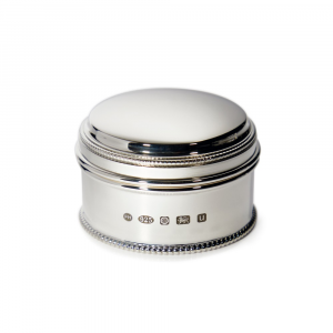 Sterling Silver Beaded Pill Box displayed on a white background, featuring the hallmark stamp for authenticity and craftsmanship verification.