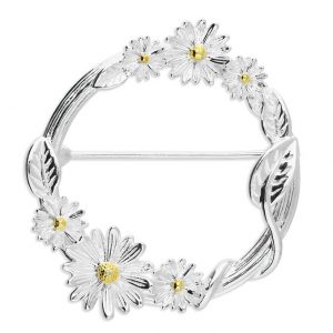 A clear white‑background image of the Sterling Silver Daisy Circle Brooch, displayed with the pin extended across the back. The two‑tone daisies and wrapped stem detailing appear crisp and bright, highlighting the craftsmanship and polished finish.