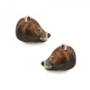 Lifelike sterling silver bear cufflinks by Saturno, featuring expressive enamel detail and realistic sculpted facial features.