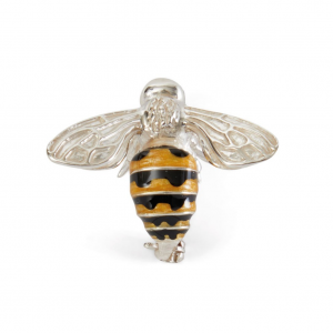 Yellow and black enamel honey bee brooch in sterling silver with polished wings, designed by Saturno.
