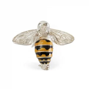 Yellow and black enamel honey bee brooch in sterling silver with polished wings, designed by Saturno.