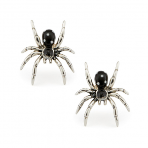 Sterling silver spider cufflinks with black enamel bodies and white spot detailing, displayed on a white background.