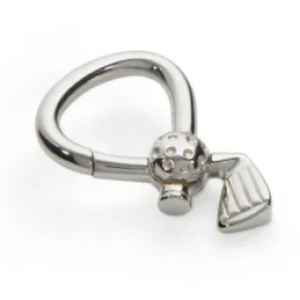 A sterling‑silver golf club and ball key ring shown on a crisp white background, facing right. The reflective finish and sculpted ball detail give the piece a refined, premium appearance.