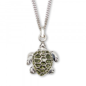 Sterling Silver Green Enamel Turtle Pendant on a clean white background.