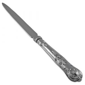 Sterling silver Queen’s letter opener angled toward the top left corner on a clean white background