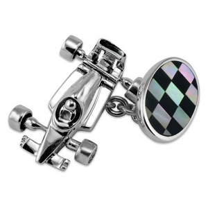 Facing Left Sterling Silver Racing Car & Flag Cufflinks on white background, facing left, with oval-shaped black onyx and mother-of-pearl flag details, plus chain links and F1-inspired styling.