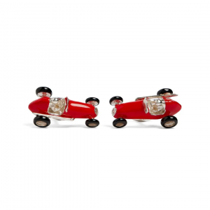 Sterling silver racing car cufflinks with red vitreous enamel body and black enamel tyres, crafted by Deakin & Francis.