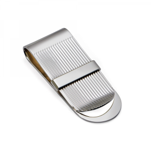 "Clipsham sterling silver money clip on white background showing hallmarked detail and engraving-ready polished strip above striped pattern."