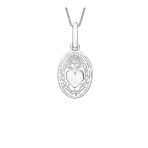 Elegant 9ct White Gold Sacred Heart Pendant shown on a white backdrop, clearly emphasizing size and craftsmanship.