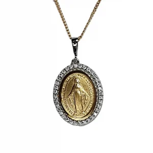 Hallmarked 9-carat yellow & white gold Miraculous oval Madonna necklace with a cubic zirconia border PC00558—size 3.