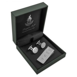 Bond-style sterling silver money clip and cufflinks set displayed in Douglas Pearl gift box on white background