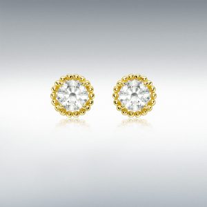 9ct gold stud earrings ES00792-7MM-CZ, a single 5mm sparkling white cubic zirconia surrounded with a single row of 9ct yellow gold balls.