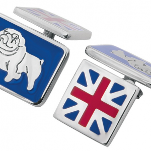 Close-up of cufflink face featuring a British Bulldog and Union Jack enamel design on white background.