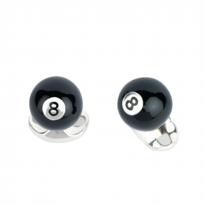 Elegant pool-themed cufflinks in sterling silver with a glossy black enamel finish, designed for a timeless, sophisticated look.