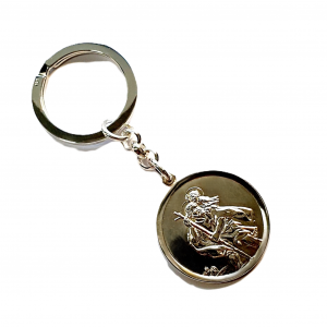 Front picture: "Silver Saint Christopher keyring featuring the detailed Saint Christopher medal and sleek, polished finish."