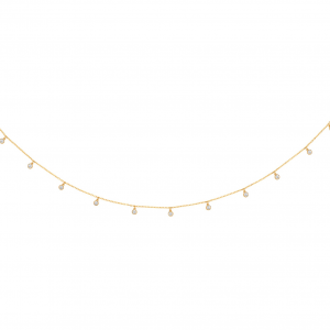 9ct yellow gold bracelet with eleven sparkling white dangling cubic zirconia stones evenly spaced onto a petite diamond cut trace 7.5-inch/18.5cm chain bracelet with a bolt ring clasp BL00233.