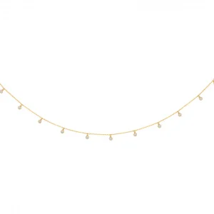 9ct yellow gold bracelet with eleven sparkling white dangling cubic zirconia stones evenly spaced onto a petite diamond cut trace 7.5-inch/18.5cm chain bracelet with a bolt ring clasp BL00233.