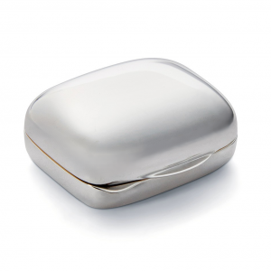 Closed silver accessory with reflective surface displayed on white background