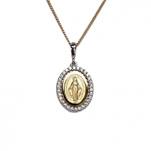 Hallmarked 9-carat yellow & white gold Miraculous oval Madonna necklace with a cubic zirconia border PC00557.
